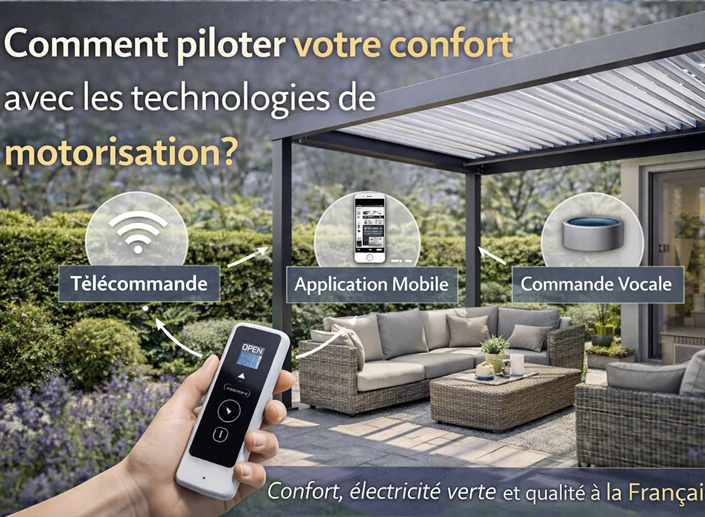Pergola bioclimatique motoris&eacute;e avec lames orientables pilotables par t&eacute;l&eacute;commande, application mobile et commande vocale pour un confort ext&eacute;rieur optimal