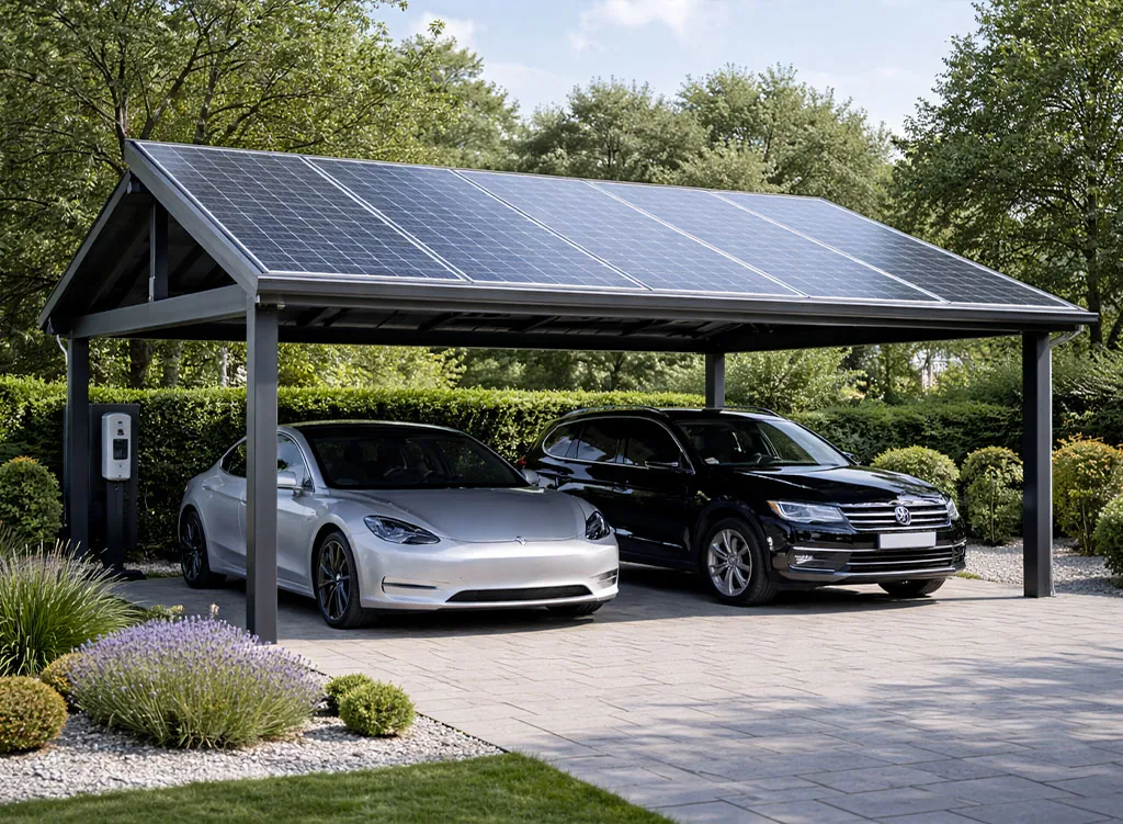 Carport solaire moderne avec panneaux photovolta&iuml;ques servant d&rsquo;abri de voiture, installation r&eacute;sidentielle pour produire de l&rsquo;&eacute;lectricit&eacute; et prot&eacute;ger les v&eacute;hicules