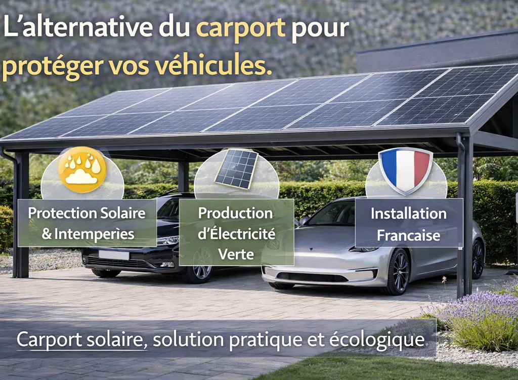 Carport solaire moderne avec panneaux photovolta&iuml;ques, alternative pratique pour prot&eacute;ger vos v&eacute;hicules des intemp&eacute;ries tout en produisant de l&rsquo;&eacute;lectricit&eacute; verte