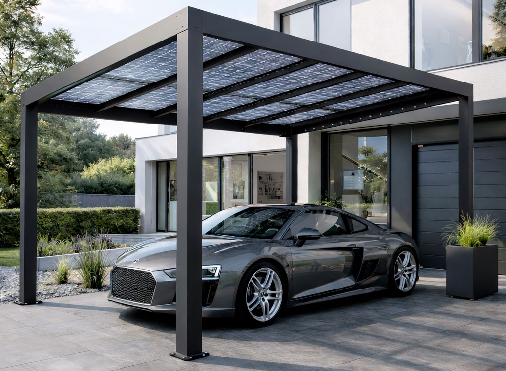 Carport solaire en aluminium anthracite avec panneaux photovoltaïques installé devant une maison moderne