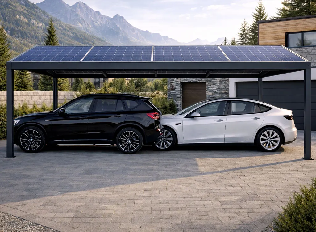 Carport solaire double à 2 pentes en aluminium RAL 7016 acheter une pergola solaire adossée en kit au meilleur prix, directement d'usine de fabrication française