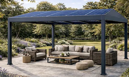 Pergola solaire autoport&eacute;e &agrave; toit plat en aluminium RAL 7016 avec panneaux photovolta&iuml;ques, install&eacute;e sur terrasse en pierre dans un jardin paysager
