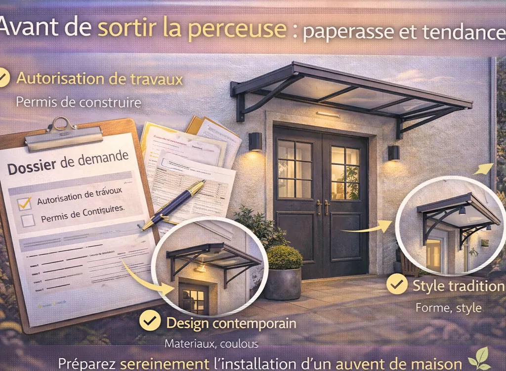 Auvent d&rsquo;entr&eacute;e de maison illustrant les d&eacute;marches administratives et les tendances design &agrave; conna&icirc;tre avant l&rsquo;installation