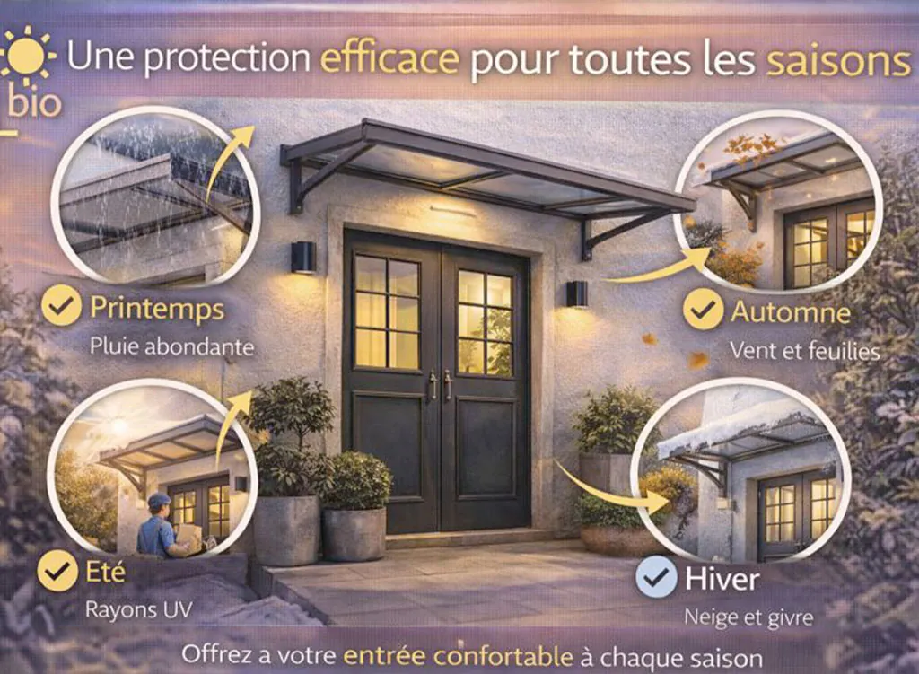 Auvent d&rsquo;entr&eacute;e de maison offrant une protection efficace en toutes saisons contre la pluie, le soleil, le vent et la neige