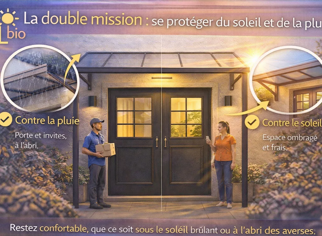 Auvent d&rsquo;entr&eacute;e de maison assurant une double protection contre le soleil et la pluie, offrant un espace abrit&eacute; confortable en toute saison