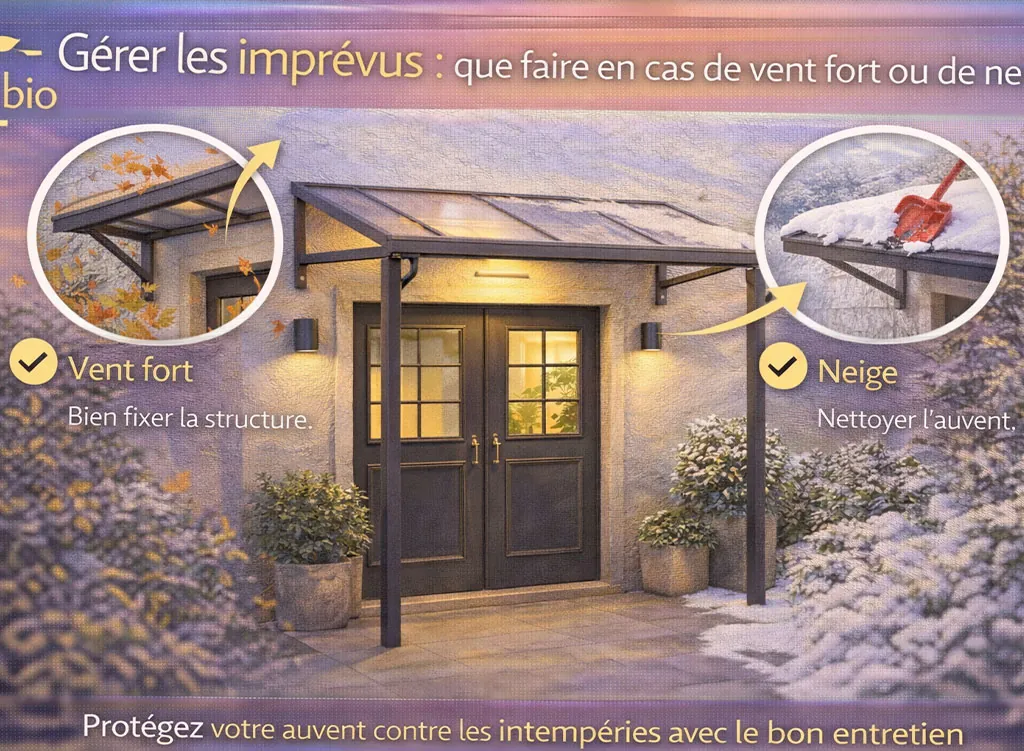 Auvent d&rsquo;entr&eacute;e de maison montrant comment g&eacute;rer les impr&eacute;vus climatiques comme le vent fort et la neige gr&acirc;ce &agrave; une structure bien fix&eacute;e et un entretien adapt&eacute;