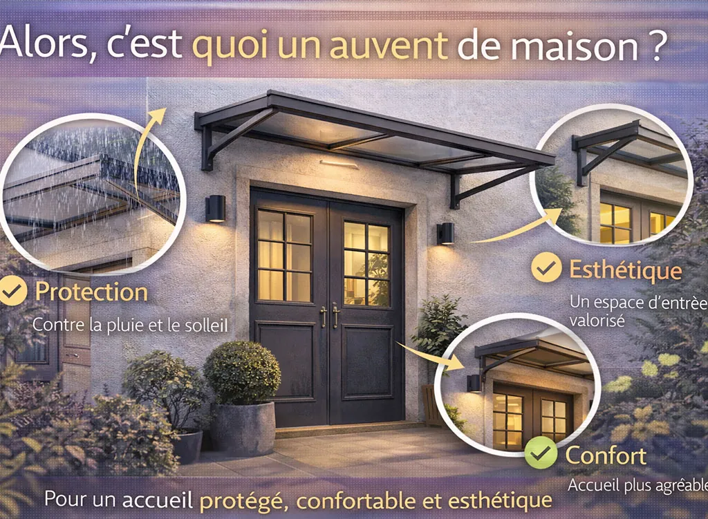 Auvent de maison install&eacute; au-dessus d&rsquo;une porte d&rsquo;entr&eacute;e, illustrant ce qu&rsquo;est un auvent et ses avantages en mati&egrave;re de protection, confort et esth&eacute;tique
