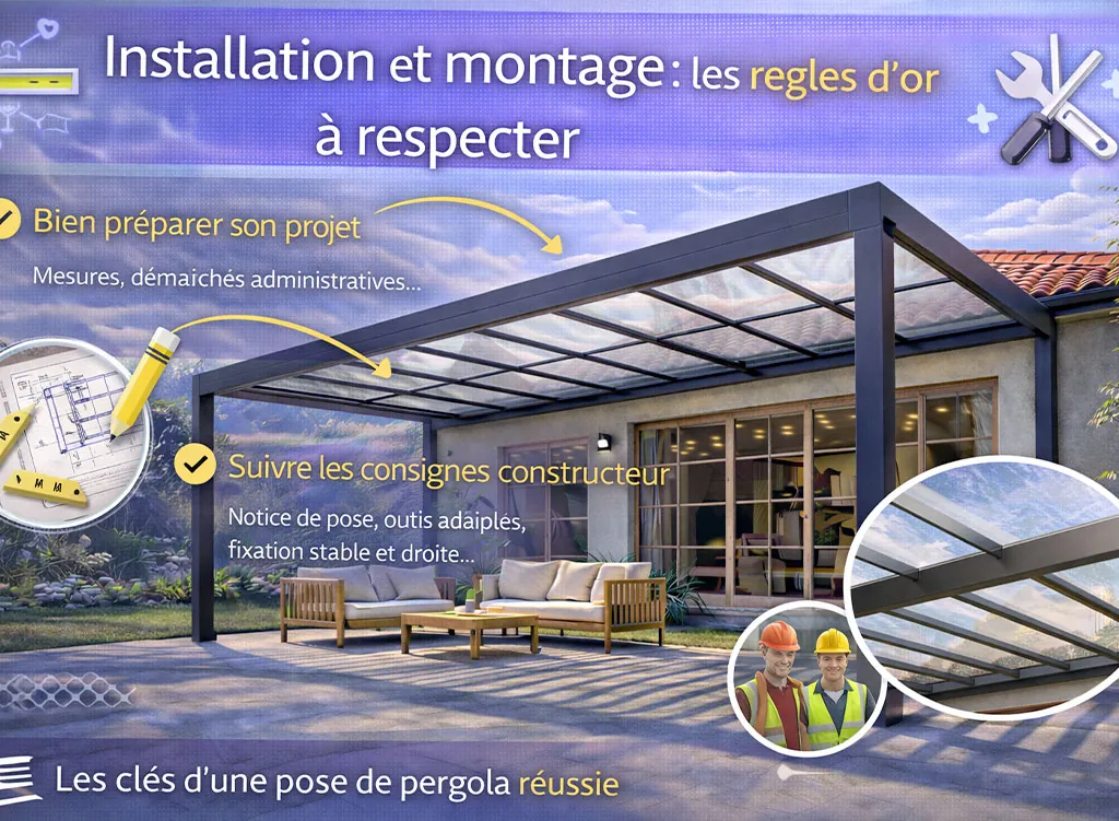 Pergola en aluminium avec toiture en polycarbonate illustrant les règles d’or pour une installation et un montage réussis, avec ancrage solide et fixation conforme