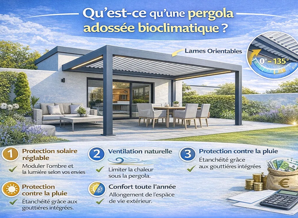 Qu&rsquo;est-ce qu&rsquo;une pergola adoss&eacute;e bioclimatique : fonctionnement, avantages et confort ext&eacute;rieur expliqu&eacute;s en infographie