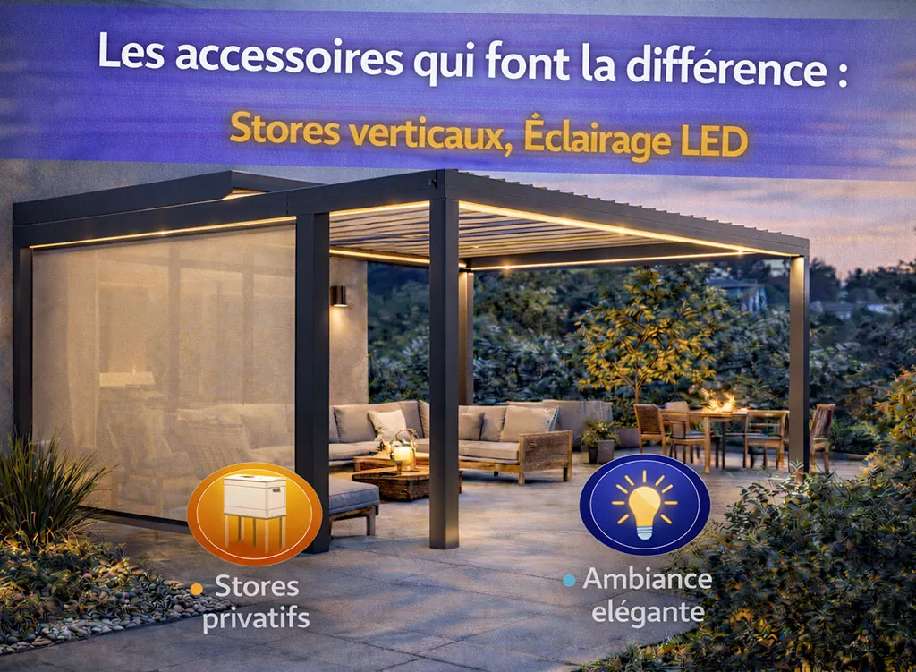 Pergola aluminium moderne &eacute;quip&eacute;e de stores verticaux et d&rsquo;un &eacute;clairage LED int&eacute;gr&eacute;, am&eacute;liorant le confort, l&rsquo;intimit&eacute; et l&rsquo;ambiance ext&eacute;rieure