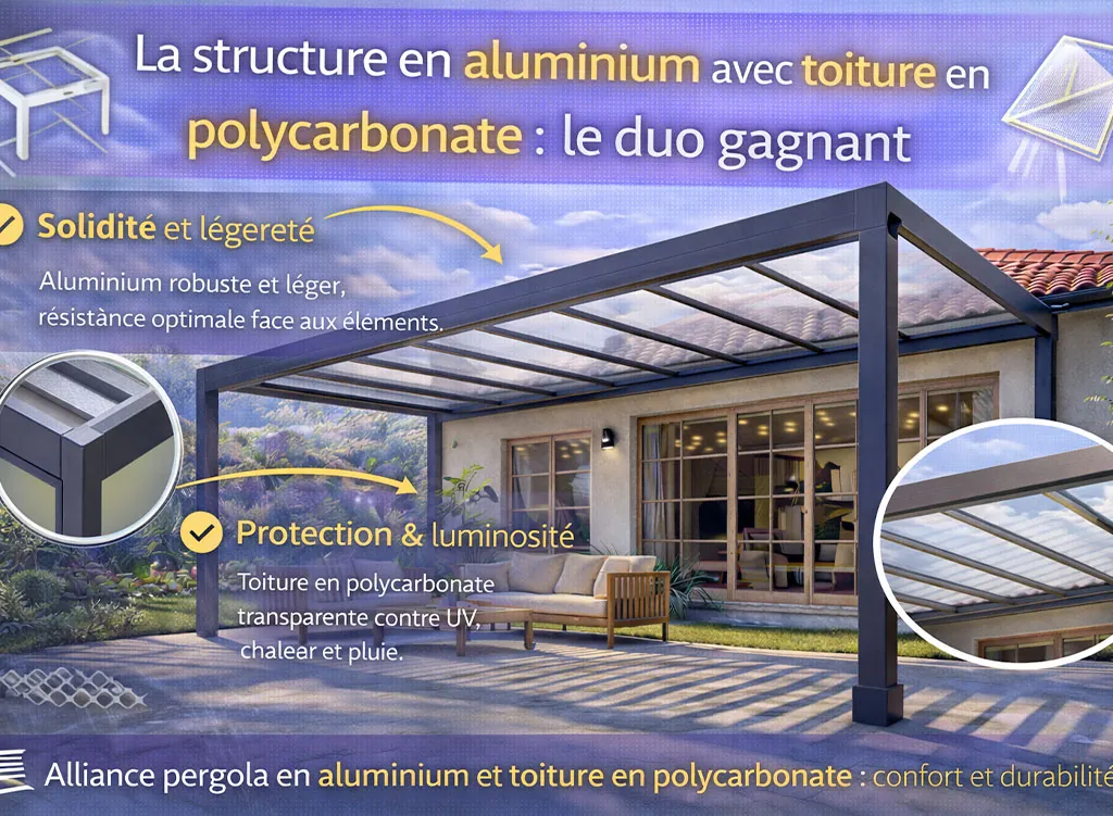 Pergola en aluminium avec toiture en polycarbonate, combinant solidité, légèreté et luminosité pour un confort extérieur durable