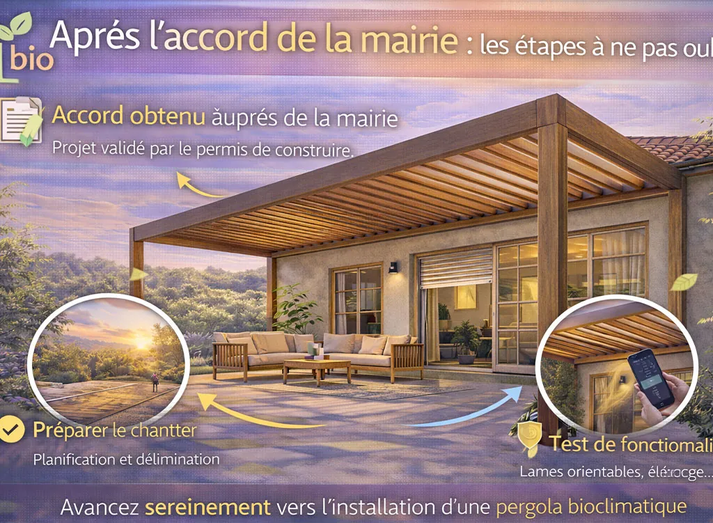 Pergola bioclimatique installée après accord de la mairie, illustrant les étapes essentielles à respecter avant et pendant l’installation