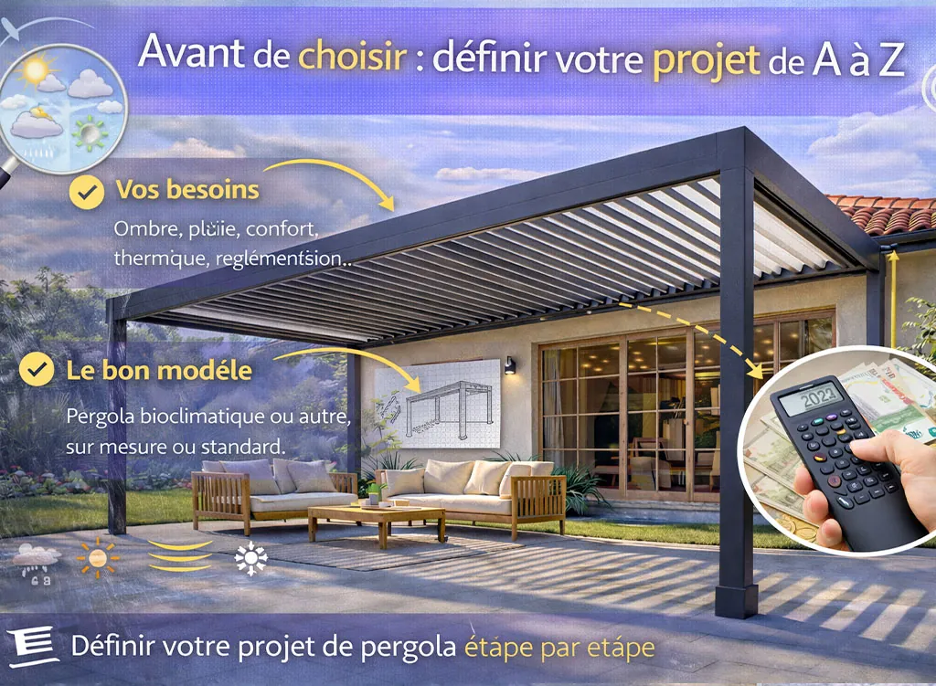 Pergola bioclimatique illustrant les &eacute;tapes cl&eacute;s pour d&eacute;finir son projet de A &agrave; Z avant de faire le bon choix