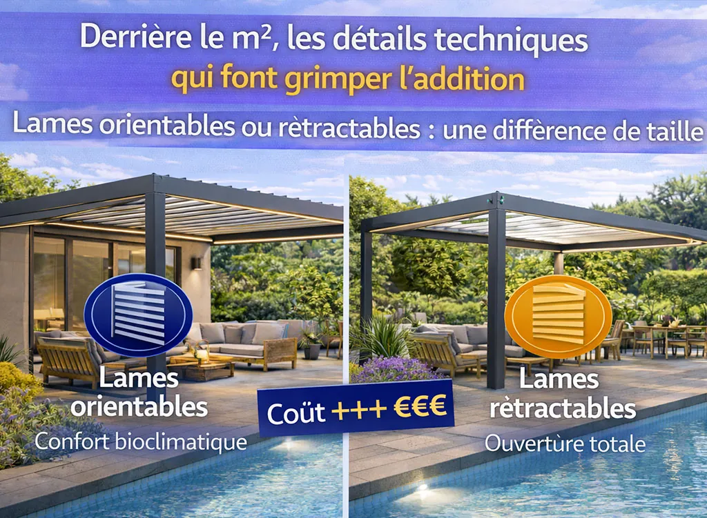 Comparatif de pergolas bioclimatiques avec piscine montrant la diff&eacute;rence de co&ucirc;t entre lames orientables et lames r&eacute;tractables