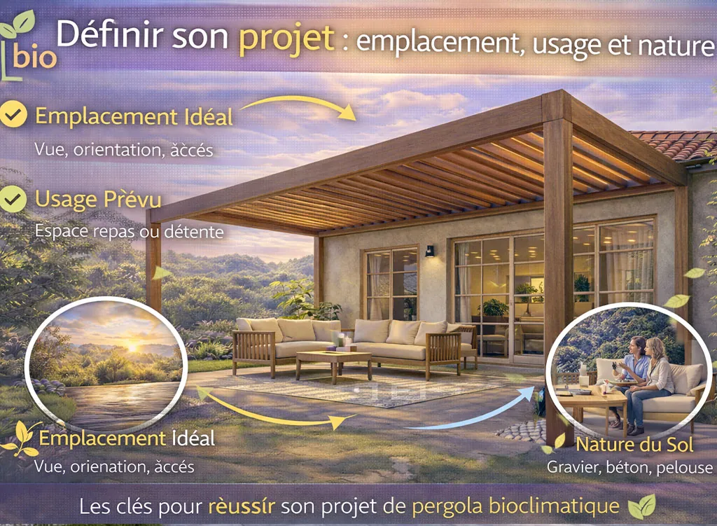 Infographie montrant comment définir un projet de pergola bioclimatique selon l’emplacement, l’usage prévu et la nature du sol pour une installation réussie