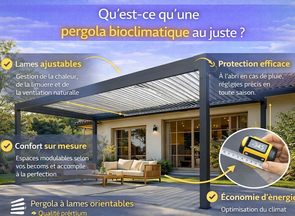 Pergola bioclimatique &agrave; lames orientables illustrant sa d&eacute;finition et son fonctionnement pour g&eacute;rer la chaleur, la lumi&egrave;re et le confort ext&eacute;rieur