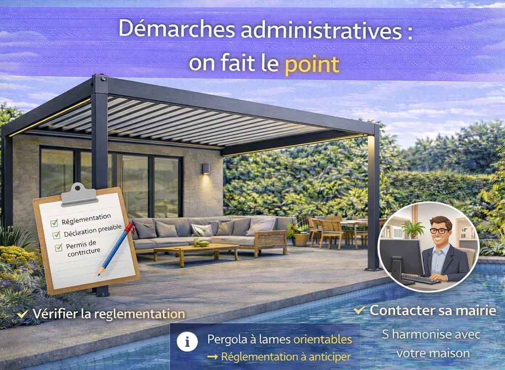 Pergola bioclimatique &agrave; lames orientables install&eacute;e en ext&eacute;rieur, illustrant les d&eacute;marches administratives et les r&egrave;gles &agrave; conna&icirc;tre avant l&rsquo;installation