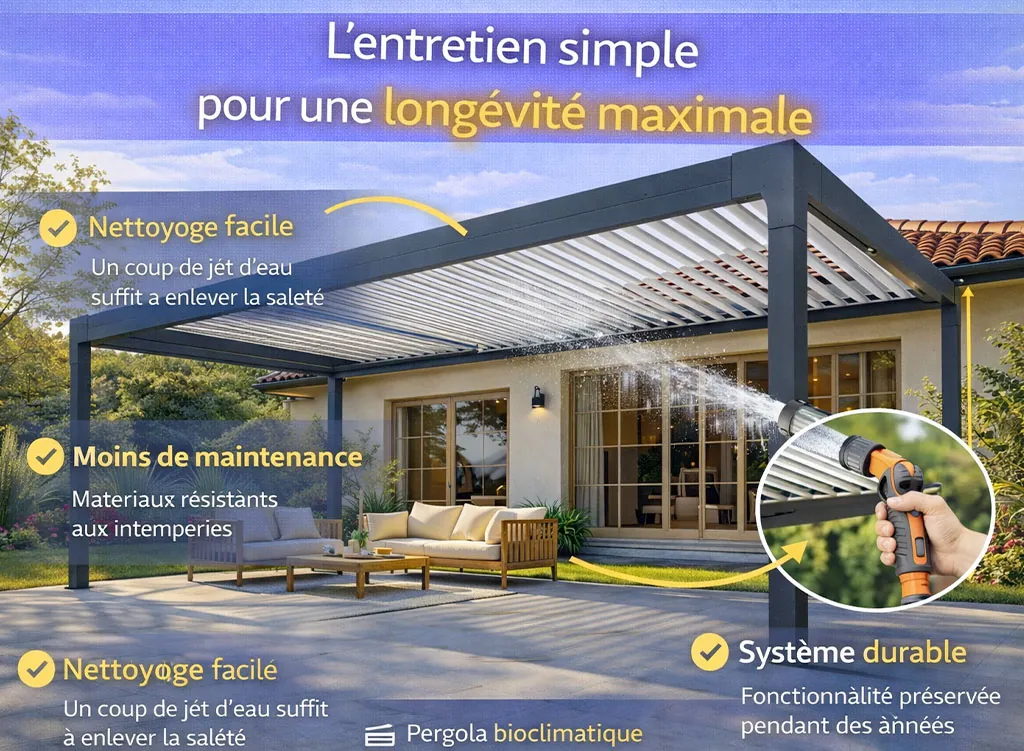 Pergola bioclimatique en aluminium facile &agrave; entretenir, con&ccedil;ue pour offrir une long&eacute;vit&eacute; maximale gr&acirc;ce &agrave; des mat&eacute;riaux durables et r&eacute;sistants aux intemp&eacute;ries