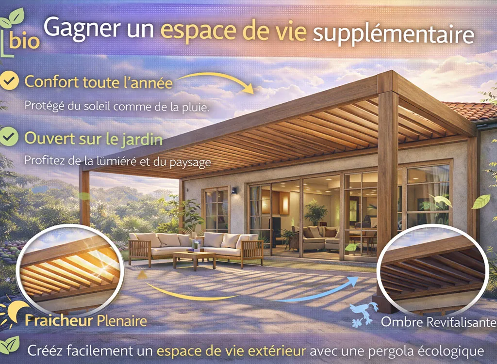 Pergola bioclimatique am&eacute;nag&eacute;e comme un espace de vie ext&eacute;rieur suppl&eacute;mentaire, offrant confort, ombre et protection pour profiter du jardin toute l&rsquo;ann&eacute;e