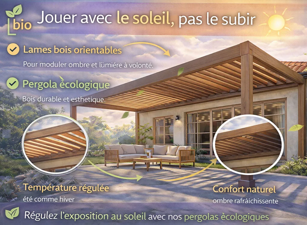 Pergola bioclimatique &agrave; lames orientables permettant de jouer avec le soleil et l&rsquo;ombre pour un confort ext&eacute;rieur ma&icirc;tris&eacute; toute la journ&eacute;e