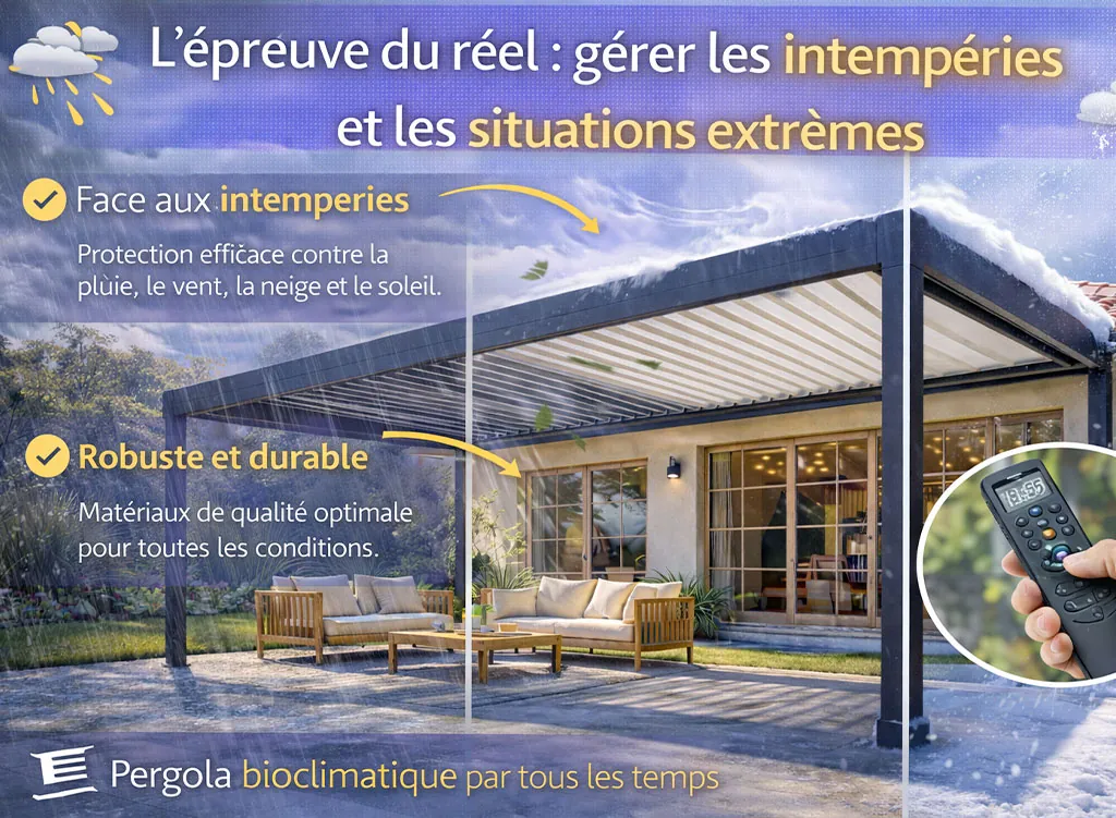 Pergola bioclimatique résistante aux intempéries et aux conditions extrêmes, conçue pour faire face à la pluie, au vent, à la neige et aux fortes chaleurs