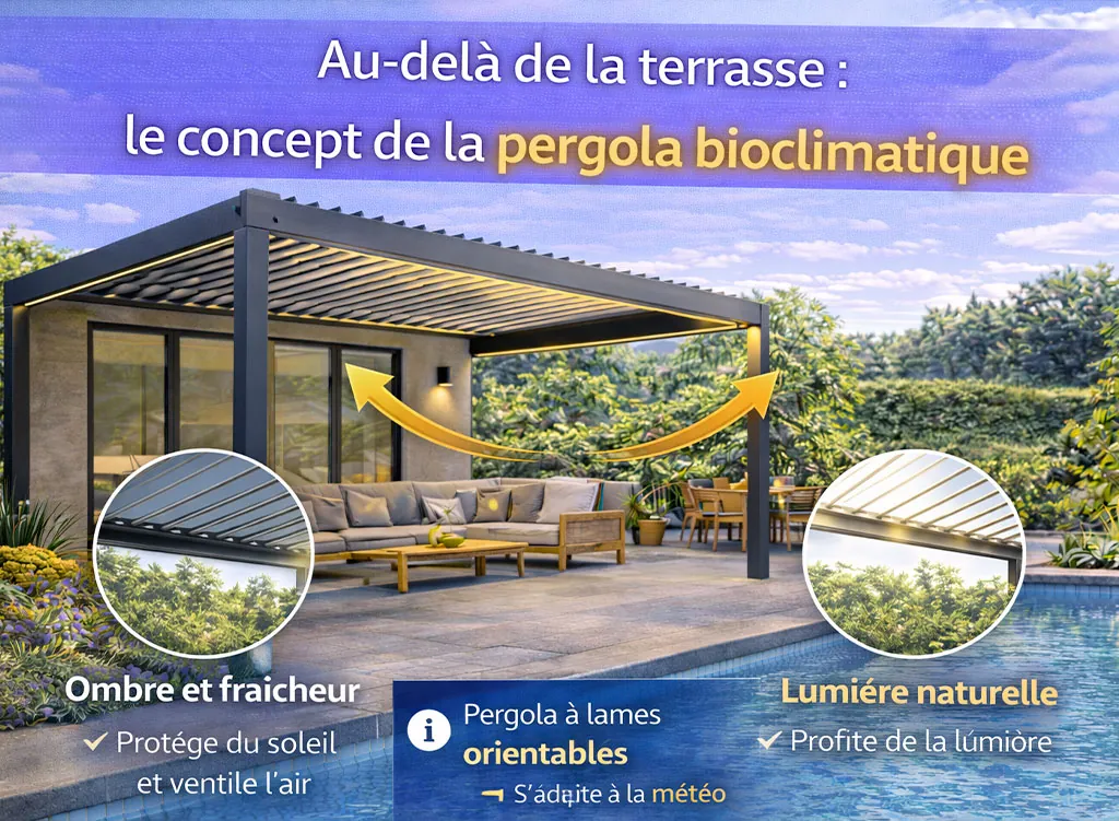 Pergola bioclimatique &agrave; lames orientables install&eacute;e en ext&eacute;rieur, illustrant le concept d&rsquo;un espace de vie au-del&agrave; de la terrasse gr&acirc;ce &agrave; la gestion de l&rsquo;ombre et de la lumi&egrave;re