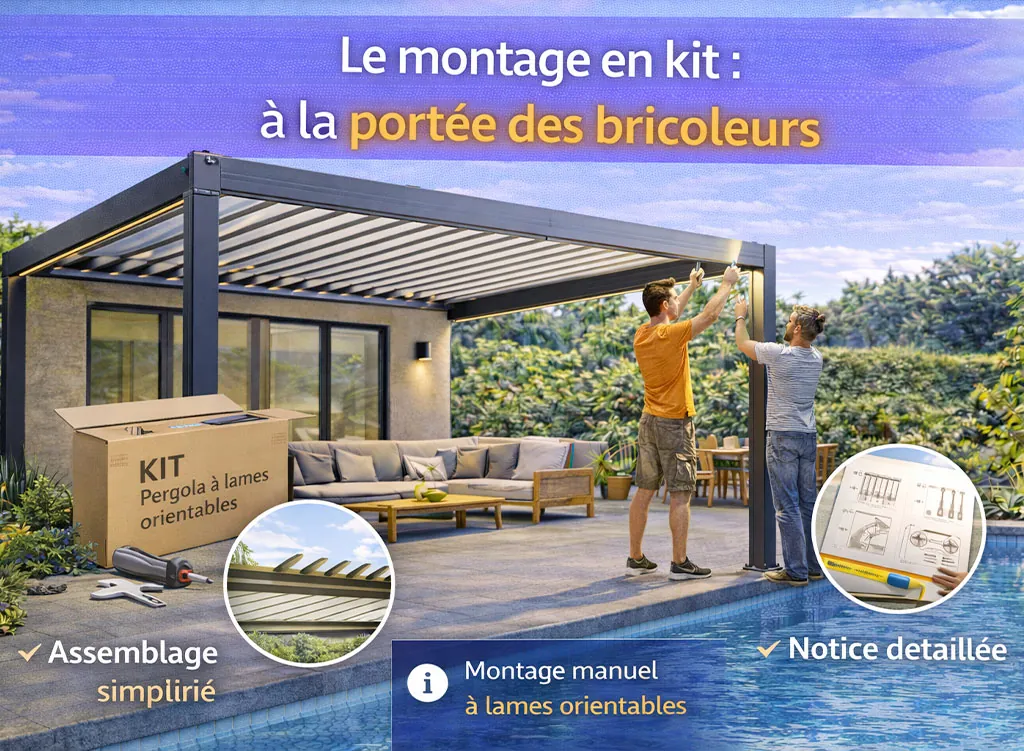 Pergola bioclimatique &agrave; lames orientables en kit, illustrant un montage accessible aux bricoleurs avec des &eacute;l&eacute;ments pr&eacute;assembl&eacute;s