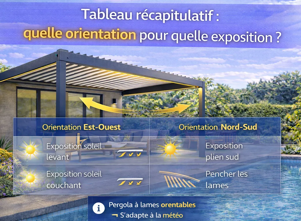 Tableau r&eacute;capitulatif montrant l&rsquo;orientation id&eacute;ale des lames orientables d&rsquo;une pergola bioclimatique selon l&rsquo;exposition au soleil