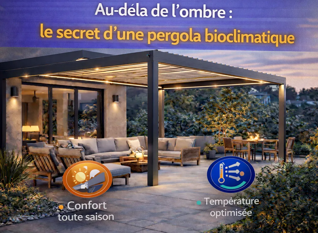 Pergola bioclimatique moderne avec lames orientables, offrant confort toute saison, ventilation naturelle et temp&eacute;rature optimis&eacute;e en ext&eacute;rieur