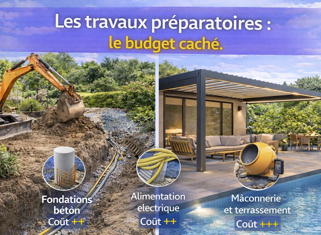 Pergola bioclimatique avec piscine illustrant les travaux pr&eacute;paratoires n&eacute;cessaires, comme les fondations b&eacute;ton, l&rsquo;alimentation &eacute;lectrique et la ma&ccedil;onnerie, repr&eacute;sentant le budget cach&eacute;