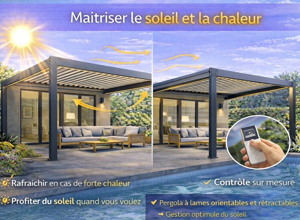 Pergola &agrave; lames orientables et r&eacute;tractables permettant de ma&icirc;triser le soleil et la chaleur pour un confort ext&eacute;rieur optimal toute l&rsquo;ann&eacute;e