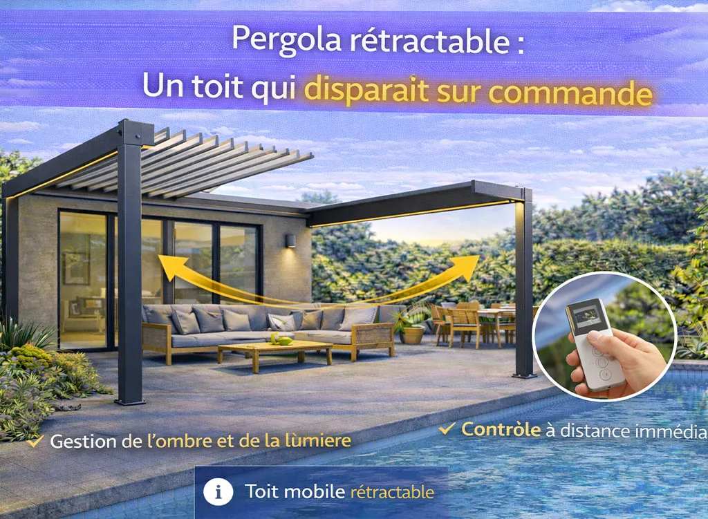 Pergola r&eacute;tractable &agrave; lames orientables avec toit mobile qui dispara&icirc;t sur commande, offrant une gestion intelligente de l&rsquo;ombre et de la lumi&egrave;re
