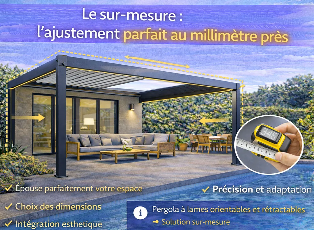 Pergola &agrave; lames orientables et r&eacute;tractables r&eacute;alis&eacute;e sur mesure, offrant un ajustement parfait au millim&egrave;tre pr&egrave;s pour une int&eacute;gration ext&eacute;rieure optimale