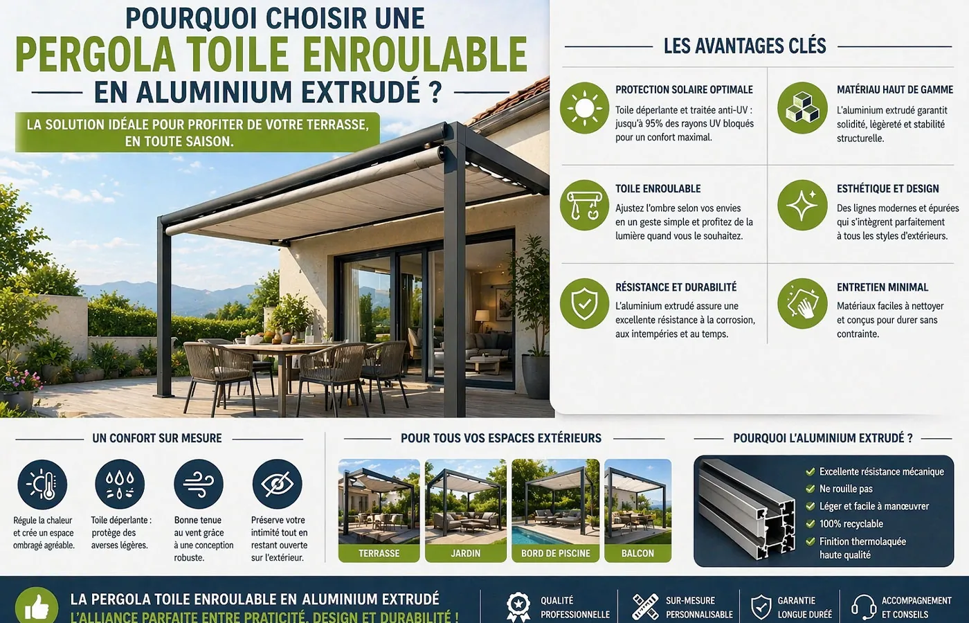 Pourquoi choisir une pergola toile enroulable en aluminium extrud&eacute; : r&eacute;sistance, esth&eacute;tique et confort ext&eacute;rieur expliqu&eacute;s en infographie