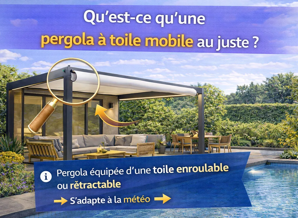 Pergola &agrave; toile enroulable install&eacute;e pr&egrave;s d&rsquo;une piscine, illustrant le fonctionnement d&rsquo;une pergola &agrave; toile mobile et sa capacit&eacute; &agrave; s&rsquo;adapter &agrave; la m&eacute;t&eacute;o