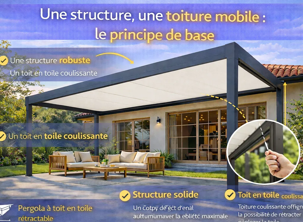 Pergola &agrave; toit en toile tendue avec structure robuste, illustrant le principe d&rsquo;une toiture mobile r&eacute;tractable pour moduler l&rsquo;ombre et la lumi&egrave;re