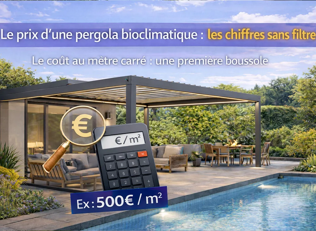 Pergola bioclimatique avec piscine illustrant le prix au m&egrave;tre carr&eacute;, une premi&egrave;re estimation claire du co&ucirc;t r&eacute;el d&rsquo;une pergola bioclimatique