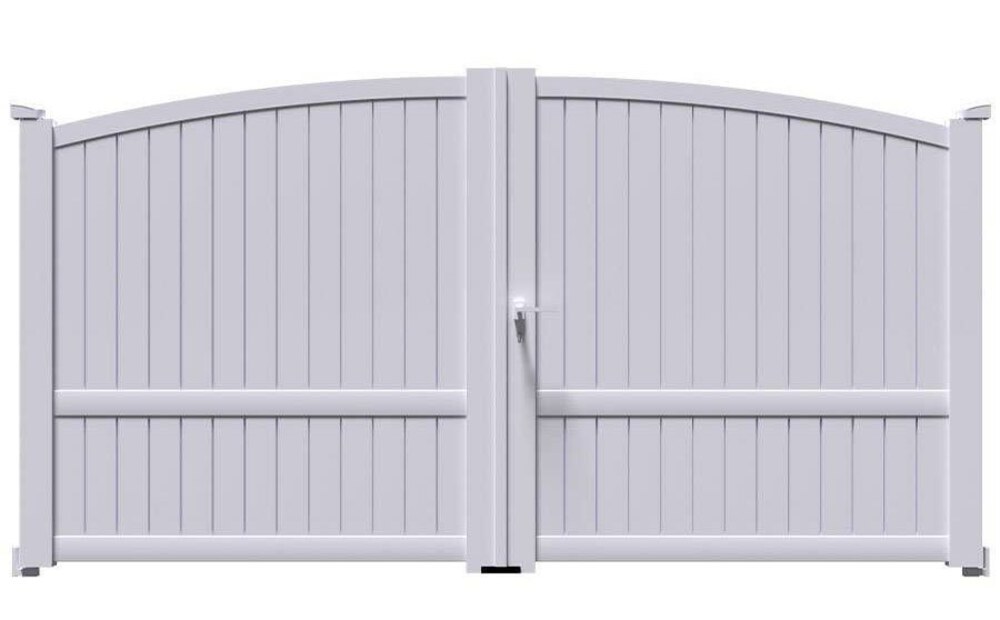 Portail aluminium ADRI à 2 vantaux battants, haut cintré et remplissage plein en lames verticales