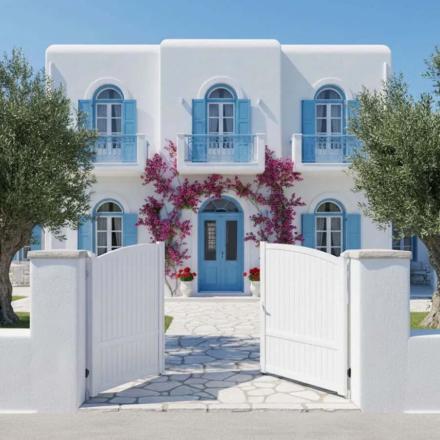 Portail aluminium ADRI blanc, les deux vantaux ouverts devant une maison des Cyclades