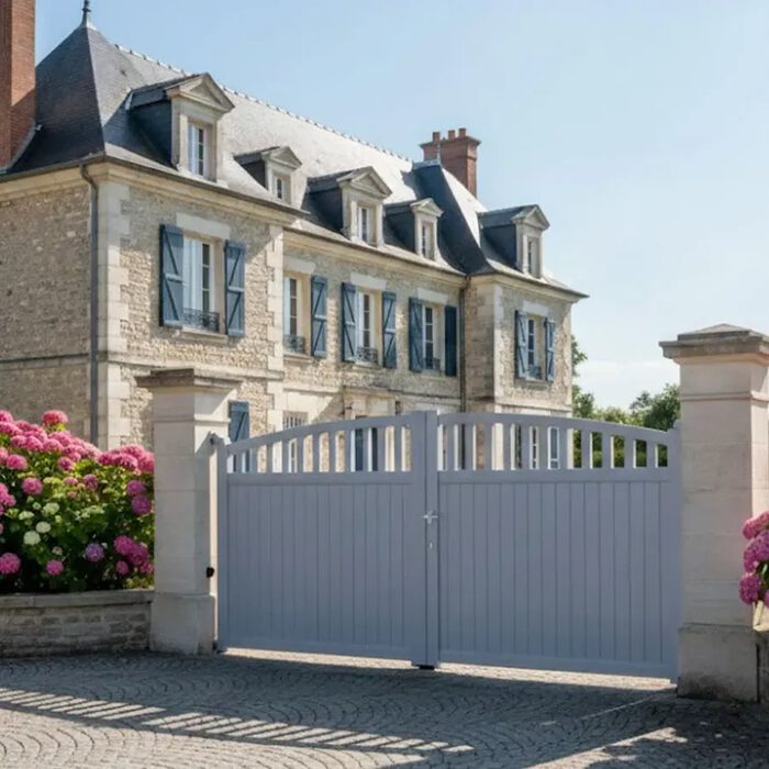 Portail aluminium ARA bleu gris devant une demeure classique