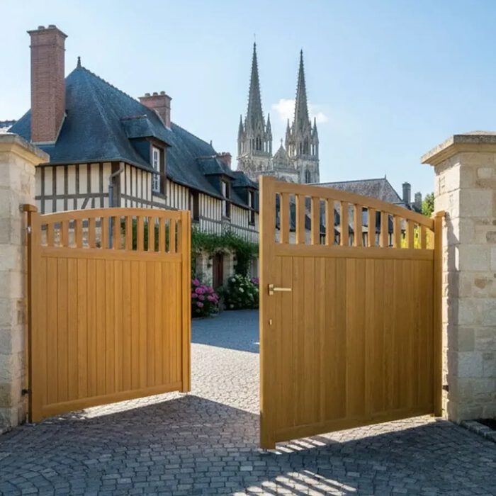 Portail aluminium ARA chêne doré devant une maison à colombages