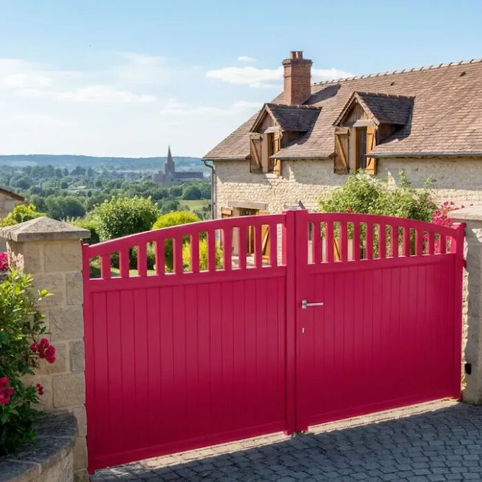 Portail aluminium ARA rouge devant une maison en pierre fleurie