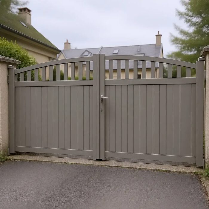 Portail aluminium ARA taupe devant une maison de campagne