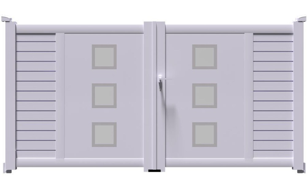 Portail aluminium ARSE à 2 vantaux battants, avec ses trois carrés décoratifs par panneau