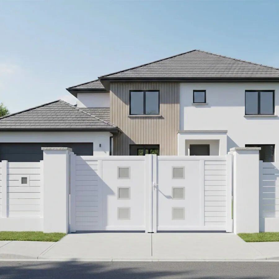 Portail aluminium ARSE blanc entre deux murs, devant une maison contemporaine