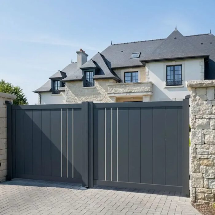 Portail aluminium BAFFIN gris devant une maison normande