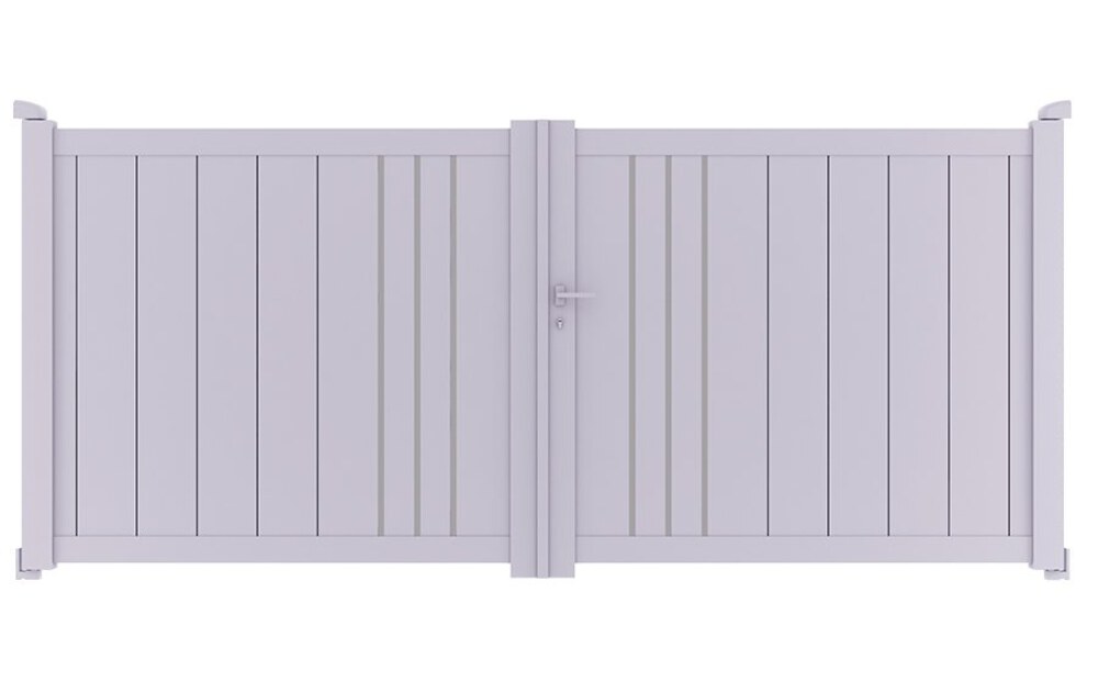 Portail aluminium design BAFFIN à 2 vantaux battants, avec ses décors verticaux en aluminium brossé