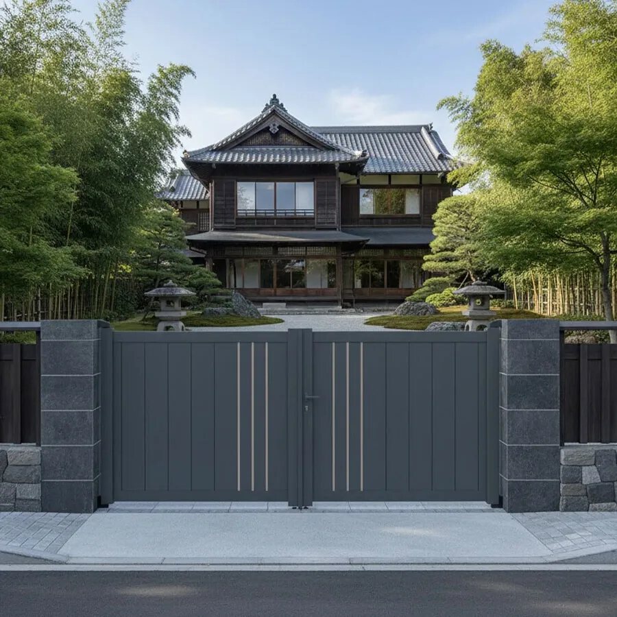 Portail aluminium BAFFIN gris anthracite devant une maison japonaise