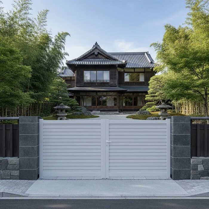 Portail aluminium BAGO blanc cassé devant une maison japonaise