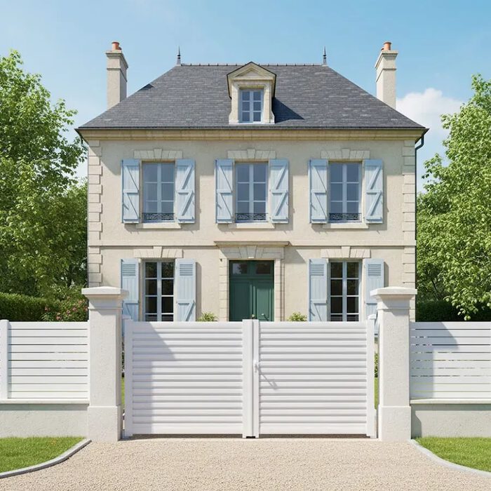 Portail aluminium BAGO ivoire devant une maison de maître